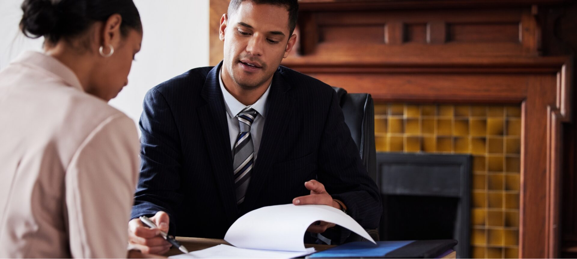 An attorney discussing a case with a client