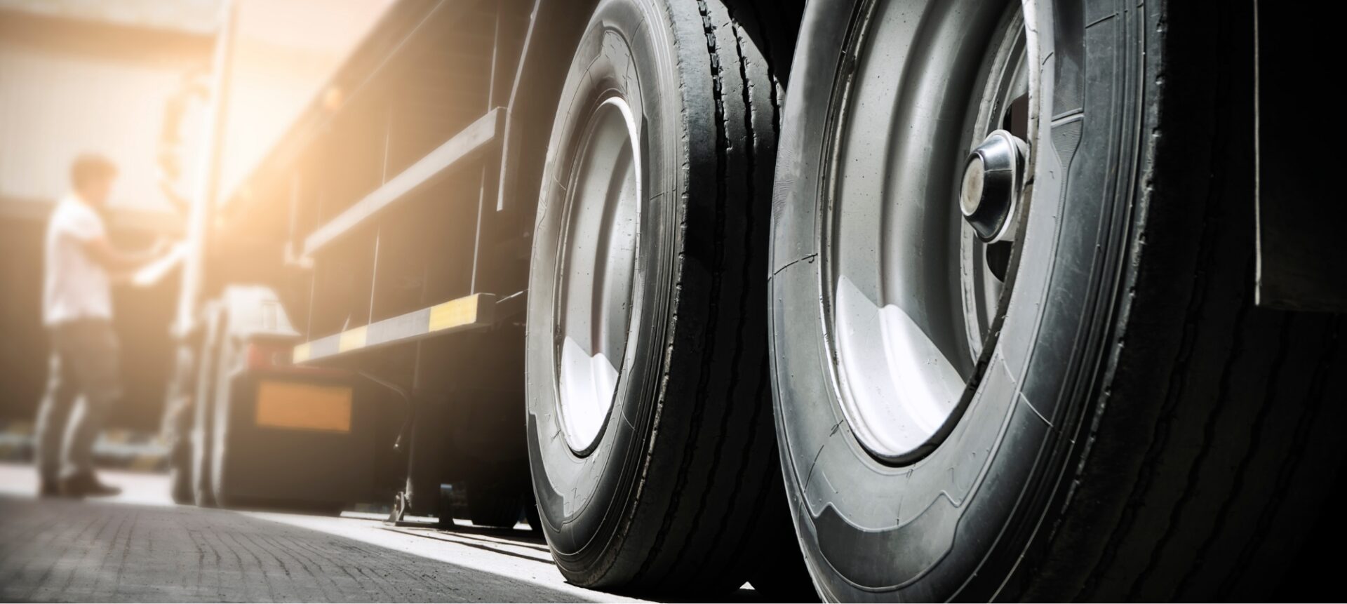 Close-up of a semi truck's wheels