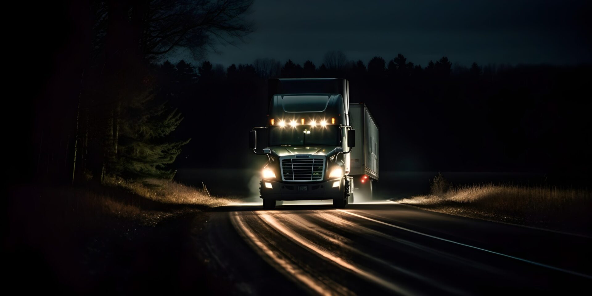 A night-time front view of a semi-truck driving on the road